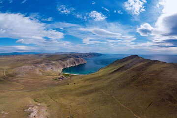 Aerial view of Aya bay. Tazheran coast of Lake Baikal