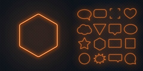 Set of orange neon frames with soft glow on a transparent background. Speech bubble, square, circle, star, triangle, heart, hexagon and other glowing neon shapes on a dark background. © TanyaFox