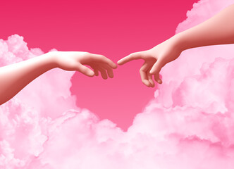Two Hands And Clouds On Pink Background Create A Heart Shape - obrazy, fototapety, plakaty