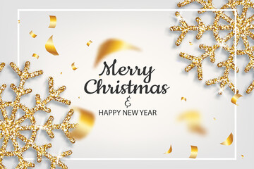Golden snowflakes shimmer on light background