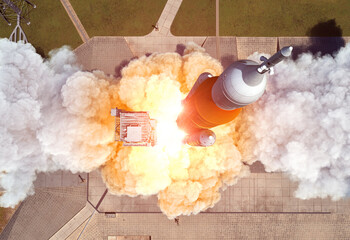Launch Of Heavy Carrier Rocket Space Launch System . Aerial View. - 362566293
