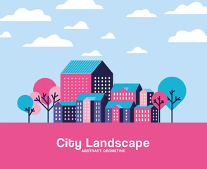 Purple blue and pink city buildings landscape with clouds and trees design, Abstract geometric architecture and urban theme Vector illustration