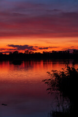 Sunset over the pond Rezabinec near Pisek town, Southern Bohemia, Czech Republic