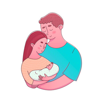Parents embracing newborn with love. Young family with little baby. Cute cartoon vector illustration. 
