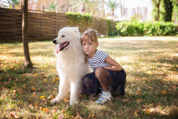 girl In nature in the park with a big dog of Samoyed
