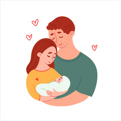 Parents holding a newborn in their hands. Young family with a cute little baby. Modern style cartoon vector illustration. 
