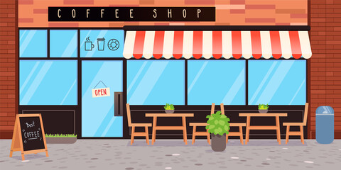 Coffee shop exterior. Vector flat cartoon illustration.