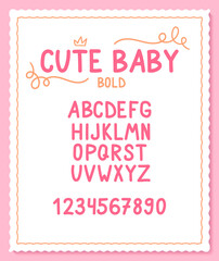 Vector cute and sweet font with capital letters and numbers. Cute baby bold alphabet and numbers. Perfect for little kids design.
