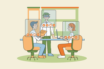 Business, video, conference, work, social distancing, quarantine, coronavirus concept. Young businessmen and woman communicating sending documents and reports online. Remote call and working from home