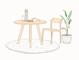 Minimalist interior furniture decoration doodle illustration, a hand drawn vector doodle of minimalist furniture for living room.
