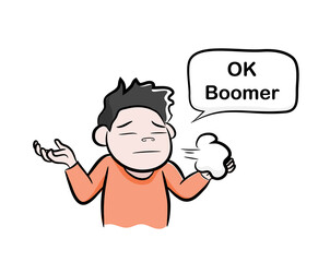 OK Boomer, a hand drawn vector illustration of a millennial guy says okay boomer