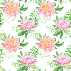 Fototapeta na wymiar Watercolor pink peonies seamless pattern. Hand drawn summer peony flowers botanical illustration, compositions with leaves on white background 