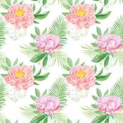  Watercolor pink peonies seamless pattern. Hand drawn summer peony flowers botanical illustration, compositions with leaves on white background  © Svetlana