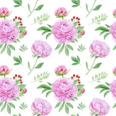 Foto auf Acrylglas Watercolor pink peonies seamless pattern. Hand drawn summer peony flowers botanical illustration, compositions with leaves on white background  © Svetlana