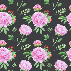 Watercolor pink peonies seamless pattern. Hand drawn summer peony flowers botanical illustration, compositions with leaves on dark grey background 