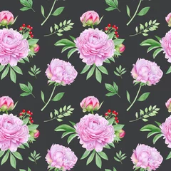 Poster Aquarel roze pioenrozen naadloze patroon. Hand getekende zomer pioen bloemen botanische illustratie, composities met bladeren op donkergrijze achtergrond © Svetlana
