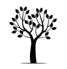Black Tree with Leaves. Vector outline Illustration. Plant in Garden.