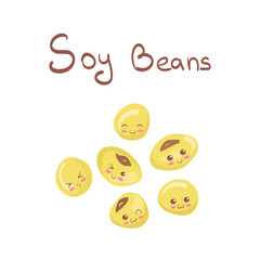 Kawaii Soy Beans vector character isolated on white background. Funny happy & smiling yellow little seeds. Cute yummy healthy food product mascot illustration. Kids menu concept. Tofu main ingredient.