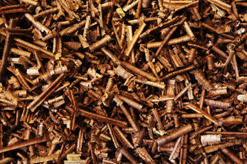 Wood shavings. Brown wood background