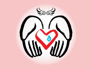 heart, mental care, Wrap the heart with both hands,Angel, logo,icon,line drawing, vector