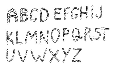 Vector hand drawn alphabet. Black and white English ABCs. Simple typographic design of Latin capital letters made of small circles.