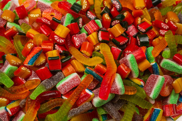 Assorted gummy candies. Top view. Jelly  sweets background.