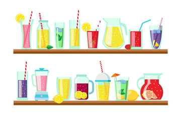 Different lemonades and cocktails drinks set vector illustration. Cold refreshing beverage with ice 