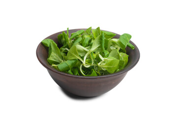 Mash salad in ceramic brown bowl isolated on white.