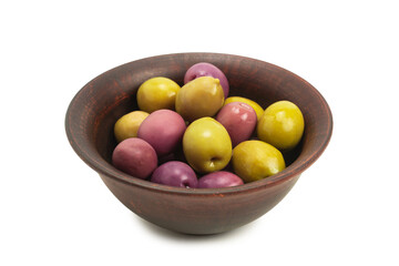 Olives in ceramic brown bowl isolated on white