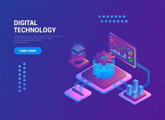 Digital technology isometric concept. Digital or interactive marketing.  Synergy of aspects for creating modern technologies. It can be used on web pages, web banners, websites, in presentations.
