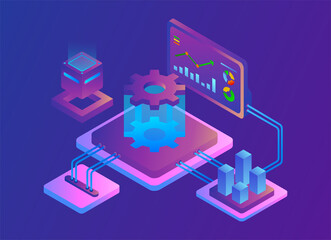 Digital technology isometric concept. Digital or interactive marketing.  Synergy of aspects for creating modern technologies. It can be used on web pages, web banners, websites, in presentations.
