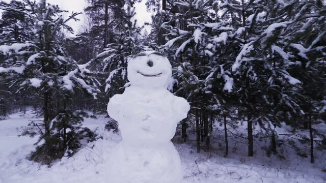A snowman is standing in a winter snowy forest on a cloudy day.