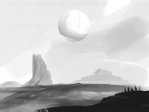 Digital Black And White Landscape Painting Of Mysterious Floating Orb In The Sky - Digital Fantasy Illustration