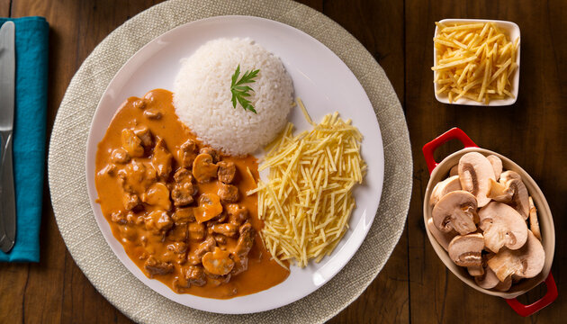 Meat stroganoff with rice and french fries on dish.