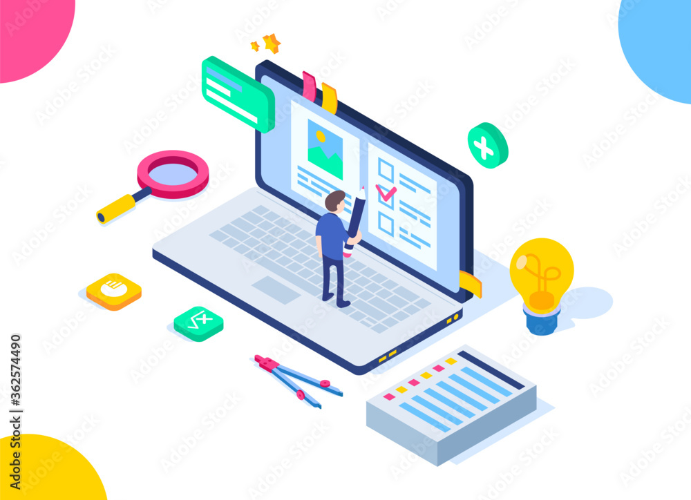Wall mural isometric knowledge test concept. easy to edit and customize. a small person answers questions on a 