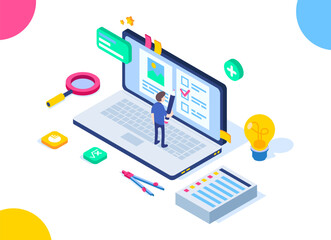Isometric knowledge test concept. Easy to edit and customize. A small person answers questions on a computer. Search for answers to questions. Сan be used on  web banners, websites, in presentations.