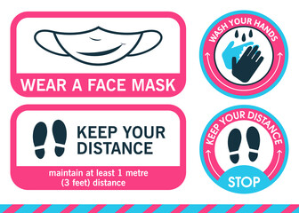 Banner sign. Sticker Wear a face mask. Foot sticker in circle Keep your distance. Wash your hands. Maintain distance mark. To prevent coronavirus, pandemics, covid-19 or other viruses.