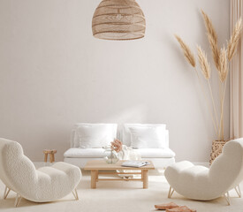 Scandi-Boho style living room interior, wall mockup, 3d render © artjafara