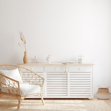 Fototapeta Scandi-Boho style living room interior, wall mockup, 3d render