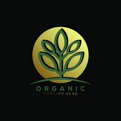 green leaf plant vector logo with gold background