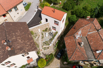 Small rustic country house exterior, nobody around and Swiss linear architecture, top view, photo...