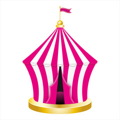 Carnival circus pink tent. Retro Circus tent with flag. Vector illustration isolated on white background.