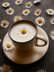Milk  and flower in the cup next to many daisy flowers. 