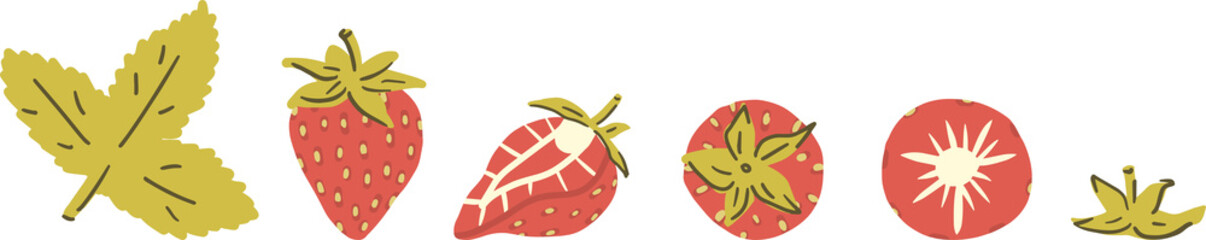 Strawberry, strawberry leaf, leaf cap clipart set hand drawn childish flat style isolated on white background.