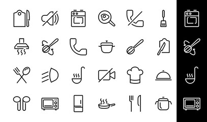 Fototapeta premium Set of cooking and kitchen icons, Vector lines, contains icons such as frying pan, frying, microwave, fork with spoon, Editable stroke, perfect 480x480 pixels, white background.