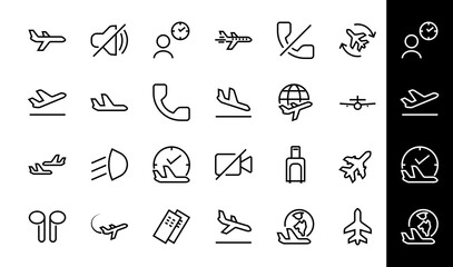 A simple set of airport related vector line icons. Contains badges such as departure, boarding, waiting time, boarding, find a place to travel tickets, and much more. Editable stroke. 48x48 pixels