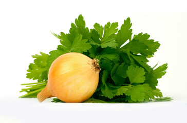 onion and parsley isolated on white background