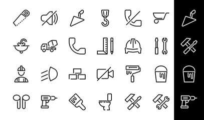 Fototapeta premium Set of construction icons, simple vector lines, contains the following icons: builder, roller, hammer with wrench, toilet bowl and much more. Editable stroke. 48x48 pixels perfect, white background