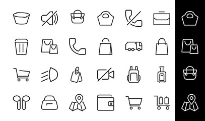 Fototapeta premium Simple set of bags, shopping and travel icons. Vector illustration Contains icons such as Card, wallet, shopping basket, discount, bowl, package. On a white background, editable stroke
