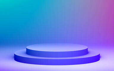 3d purple blue neon light cylinder podium minimal studio gradient dark colors background. Abstract 3d geometric shape object illustration render. Display for nightclub party and technology product.
